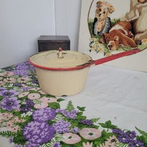 Vintage Cream Saucepan with Red Handle Decorative